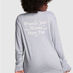 VS PINK LONG SLEEVE CAMPUS TEE SHIRT GRAY “GHOULS JUST WANNA HAVE FUN” GLOW NWT